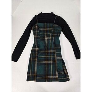 Vibe Sportswear Plaid Black Green Tartan Dress Long Sleeve Mini - Women's Size M